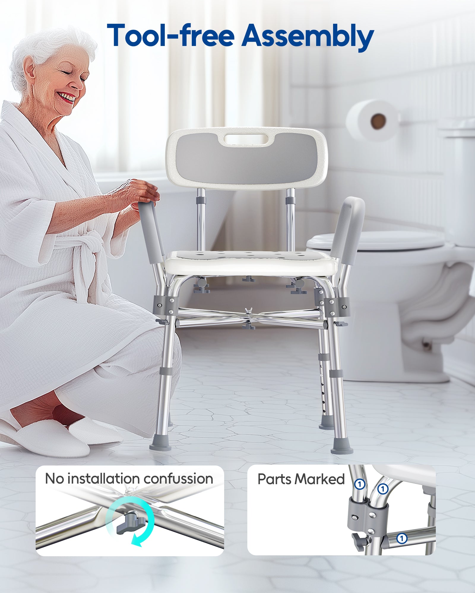 Shower Chair for Elderly and Disabled, Reinforced 500 lbs Bath Seat Stool with Arms and Back for Insider Shower Sit On, Height Adjustable Tub Bench with Crossbars for Adults, Seniors, Easy to Assemble