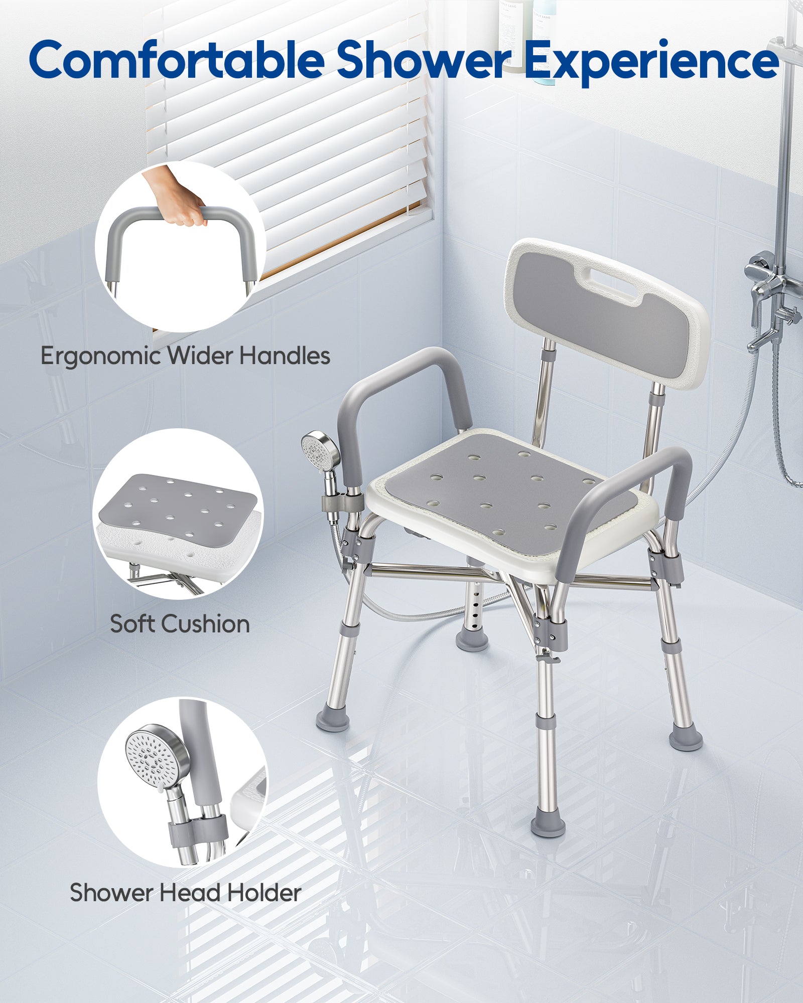 Shower Chair for Elderly and Disabled, Reinforced 500 lbs Bath Seat Stool with Arms and Back for Insider Shower Sit On, Height Adjustable Tub Bench with Crossbars for Adults, Seniors, Easy to Assemble