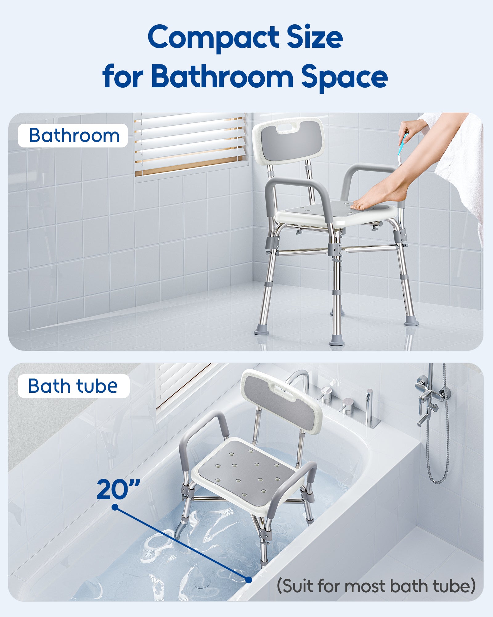 Shower Chair for Elderly and Disabled, Reinforced 500 lbs Bath Seat Stool with Arms and Back for Insider Shower Sit On, Height Adjustable Tub Bench with Crossbars for Adults, Seniors, Easy to Assemble